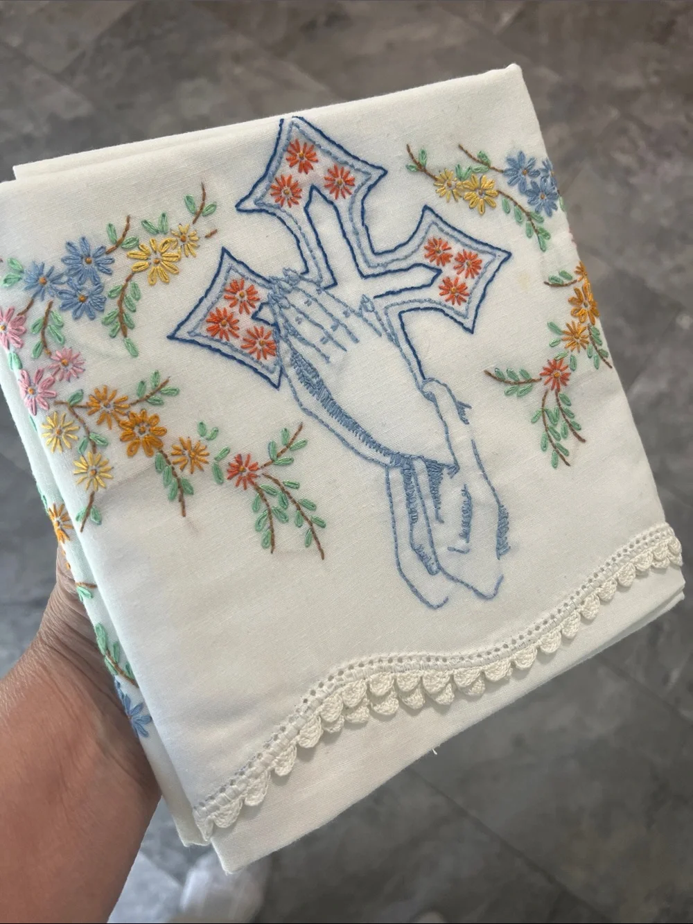 Embroidered praying hands Cross Pillowcase Set White with Pastel Floral Accents